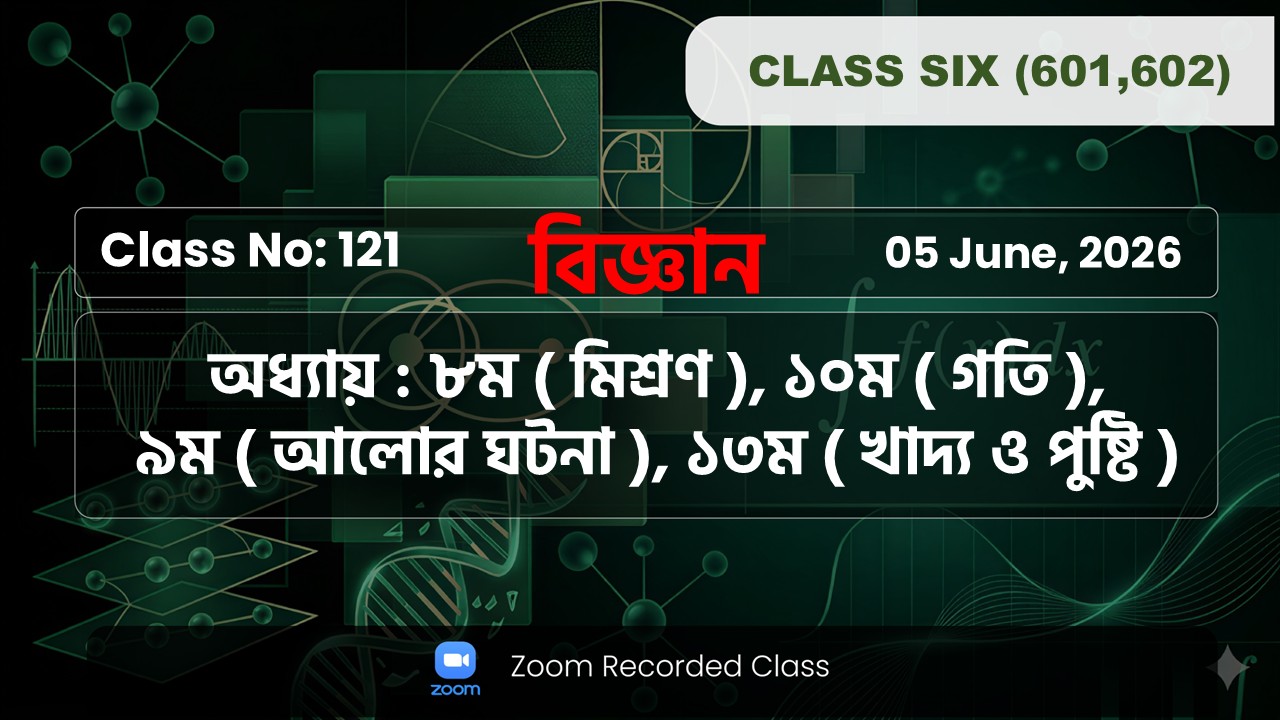 Class Six(601,602)[Class No-121] বিজ্ঞান-অধ্যায়:৮ম( মিশ্রণ)/১০ম(গতি)/৯ম(আলোর ঘটনা)/১৩ম(খাদ্য-পুষ্টি)