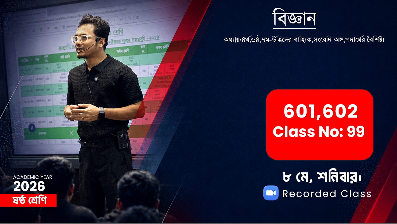 Six(601,602)[Class No-99]বিজ্ঞান-অধ্যায়:৪র্থ,৬ষ্ঠ,৭ম-উদ্ভিদের বাহ্যিক,সংবেদি অঙ্গ,পদার্থের বৈশিষ্ট্য