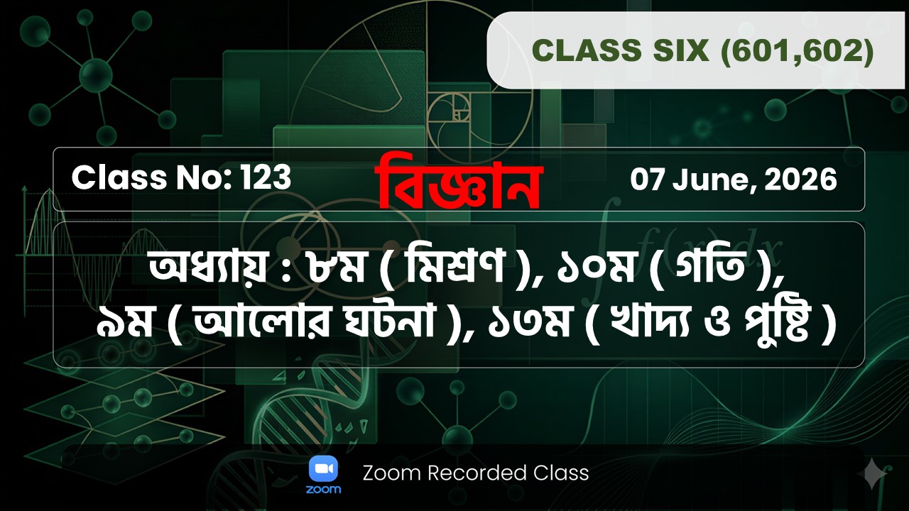 Class Six(601,602)[Class No-123] বিজ্ঞান-অধ্যায়:৮ম( মিশ্রণ)/১০ম(গতি)/৯ম(আলোর ঘটনা)/১৩ম(খাদ্য-পুষ্টি)